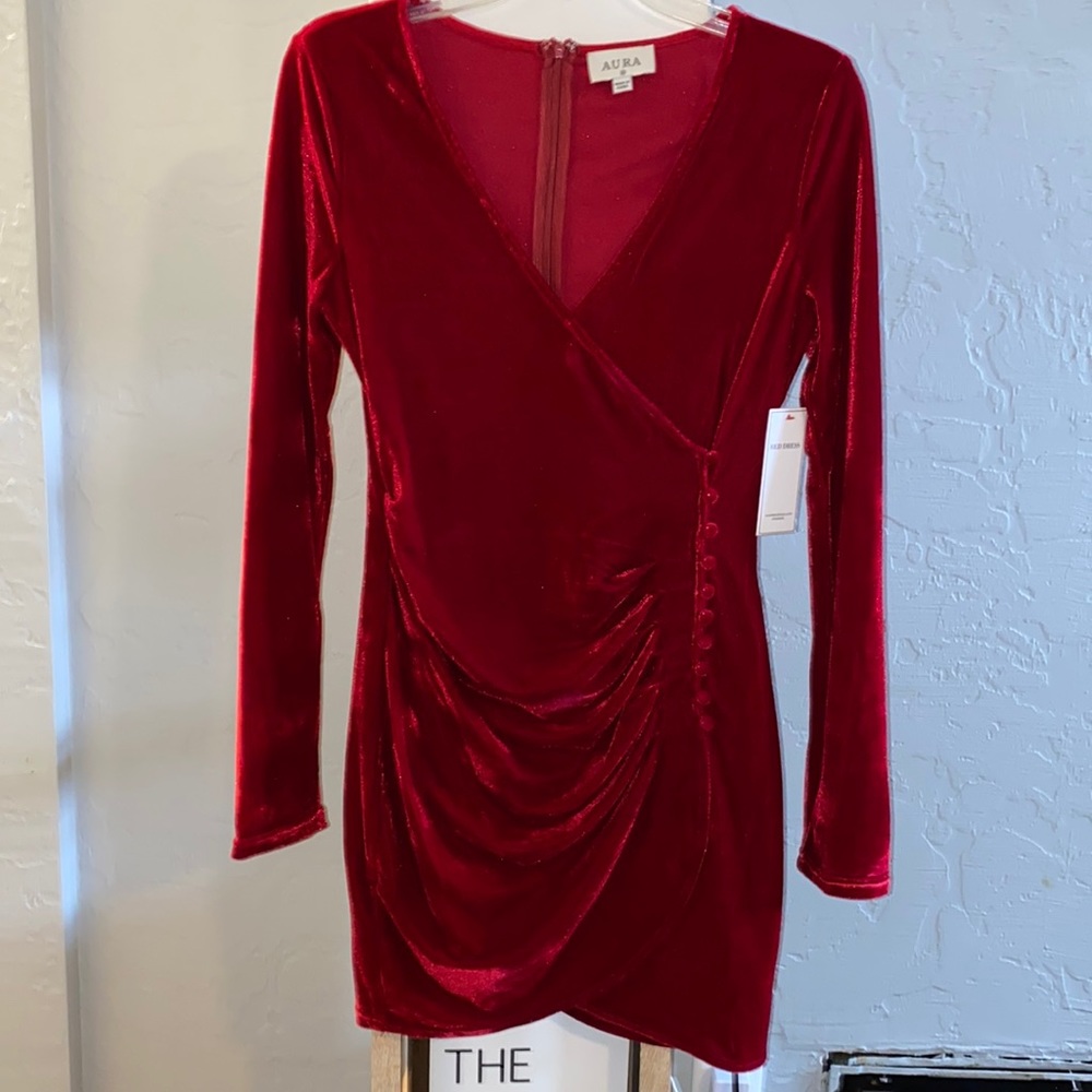Red velvet long sleeved wrap dress